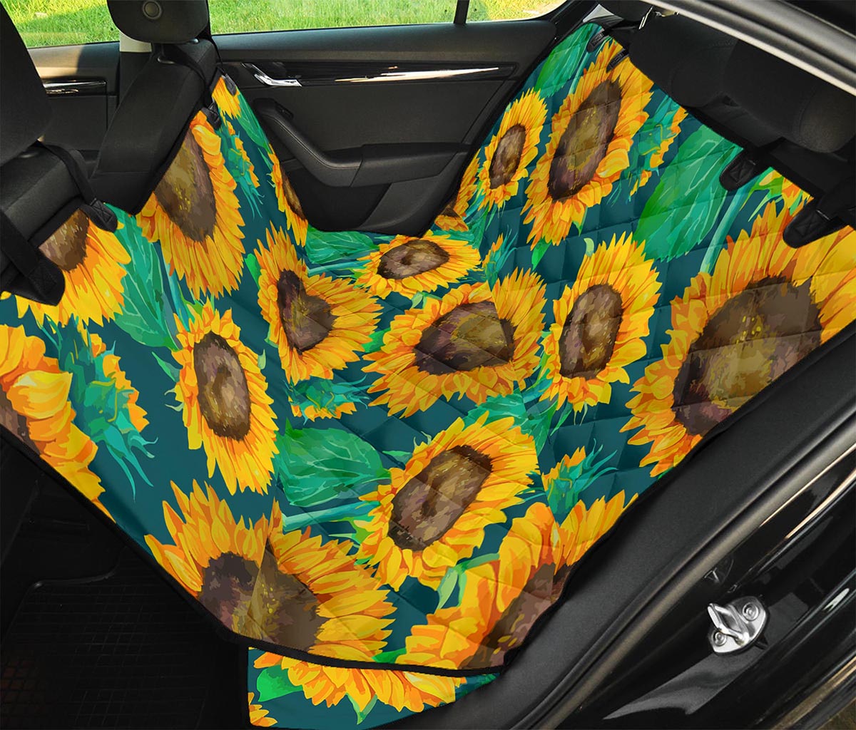 Green Watercolor Sunflower Pattern Print Pet Car Back Seat Cover