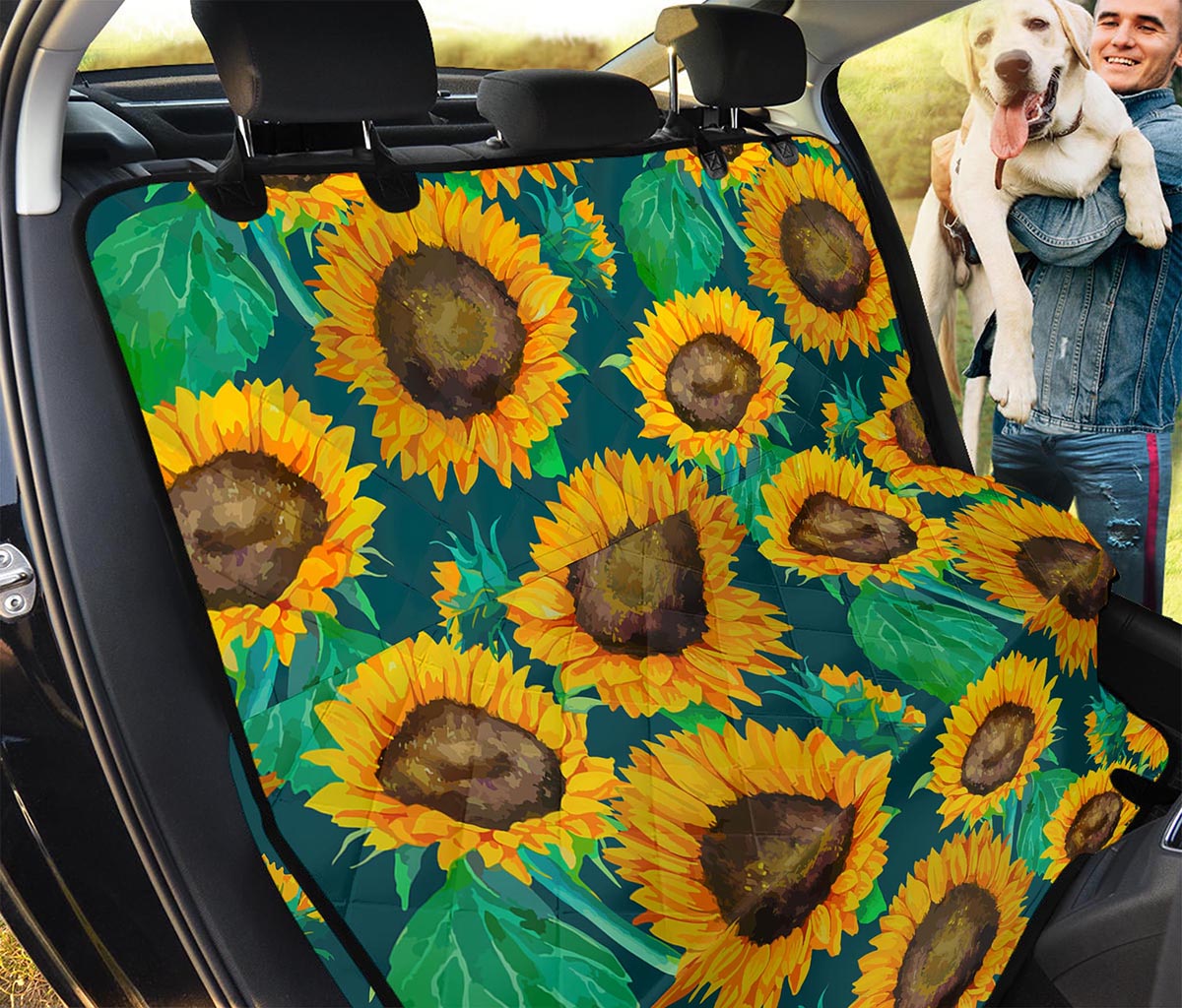 Green Watercolor Sunflower Pattern Print Pet Car Back Seat Cover
