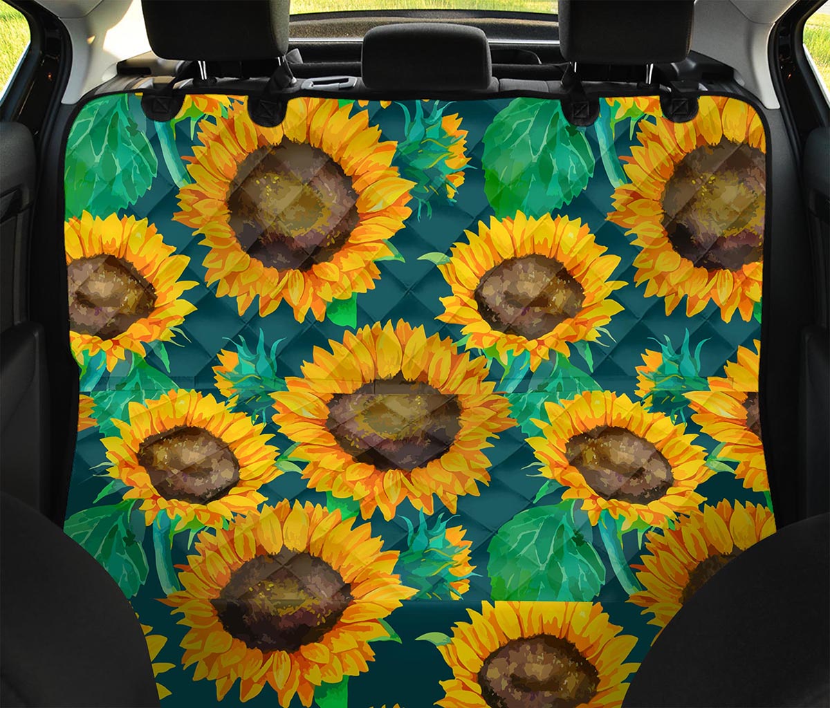 Green Watercolor Sunflower Pattern Print Pet Car Back Seat Cover