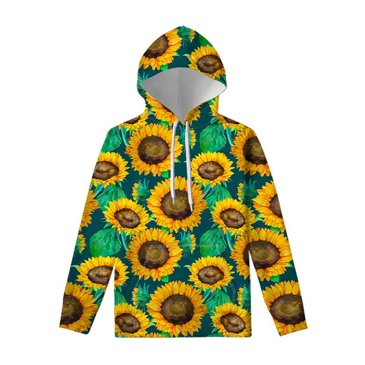 Green Watercolor Sunflower Pattern Print Pullover Hoodie