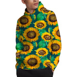 Green Watercolor Sunflower Pattern Print Pullover Hoodie