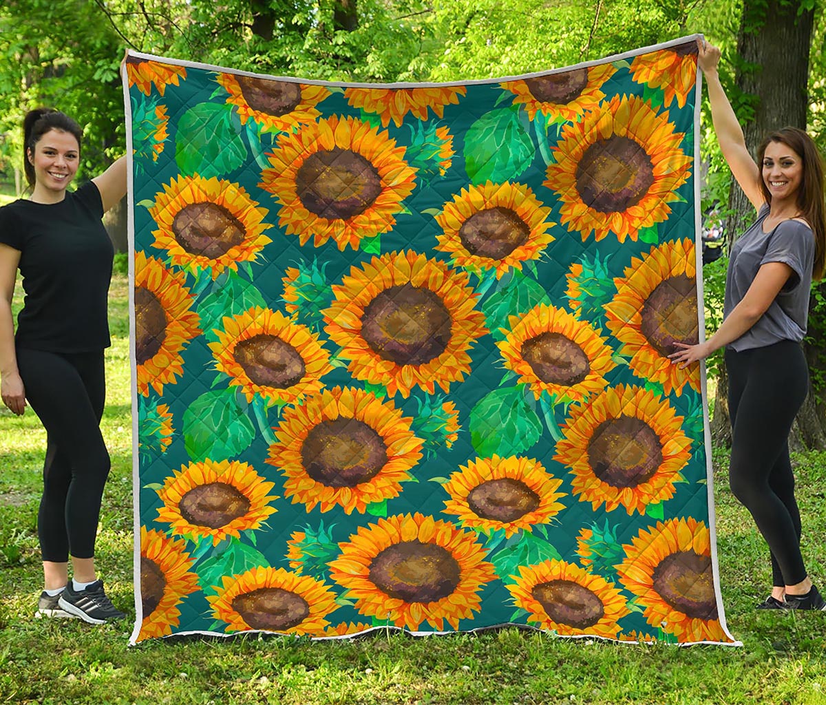 Green Watercolor Sunflower Pattern Print Quilt