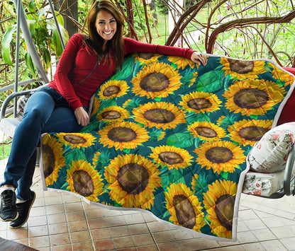 Green Watercolor Sunflower Pattern Print Quilt