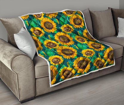 Green Watercolor Sunflower Pattern Print Quilt