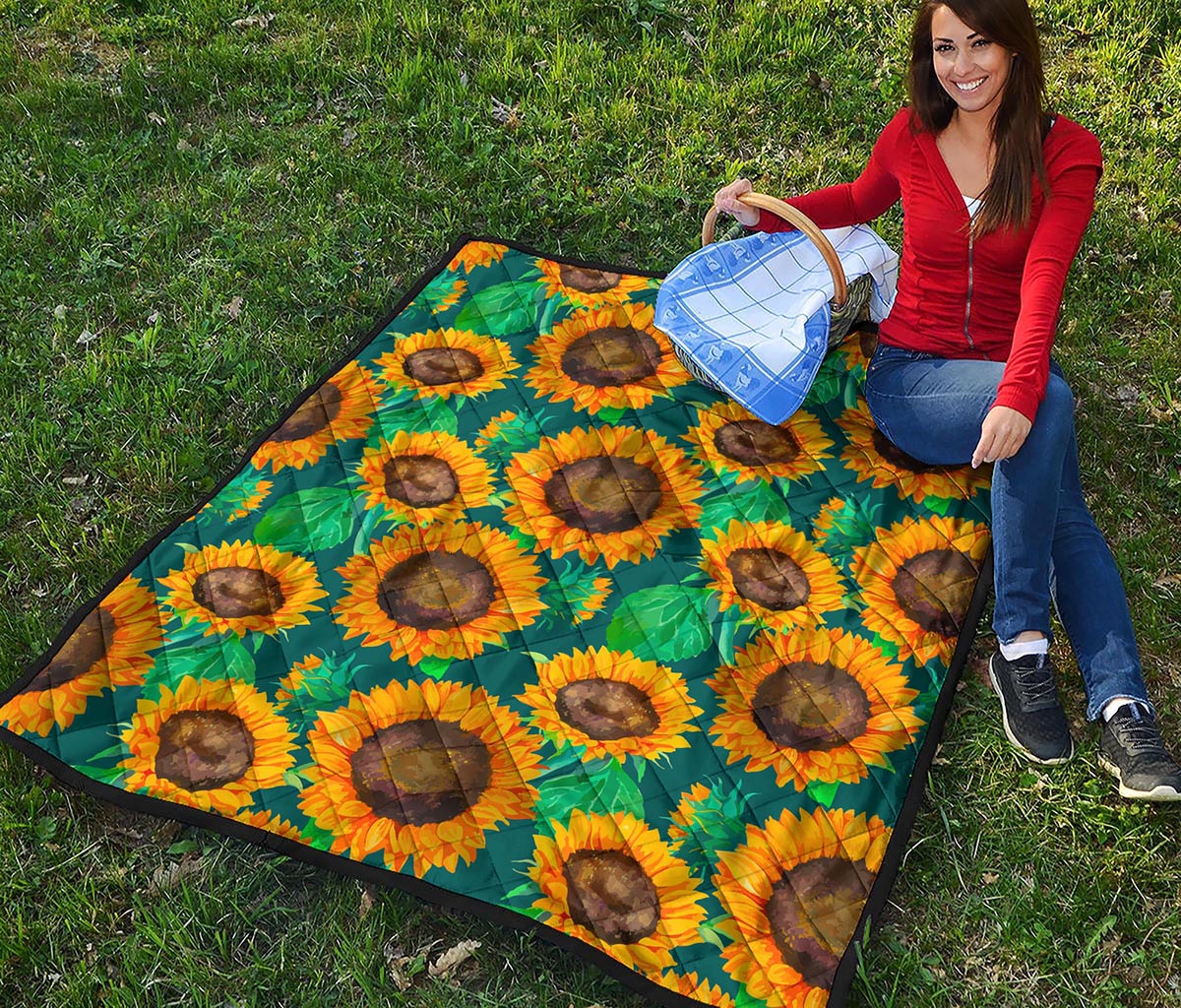 Green Watercolor Sunflower Pattern Print Quilt