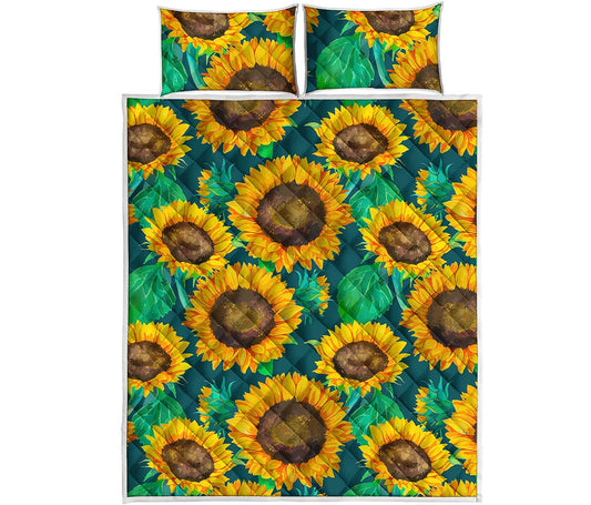 Green Watercolor Sunflower Pattern Print Quilt Bed Set