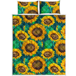 Green Watercolor Sunflower Pattern Print Quilt Bed Set