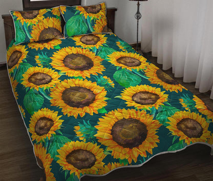 Green Watercolor Sunflower Pattern Print Quilt Bed Set