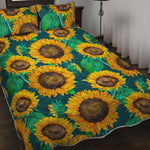 Green Watercolor Sunflower Pattern Print Quilt Bed Set