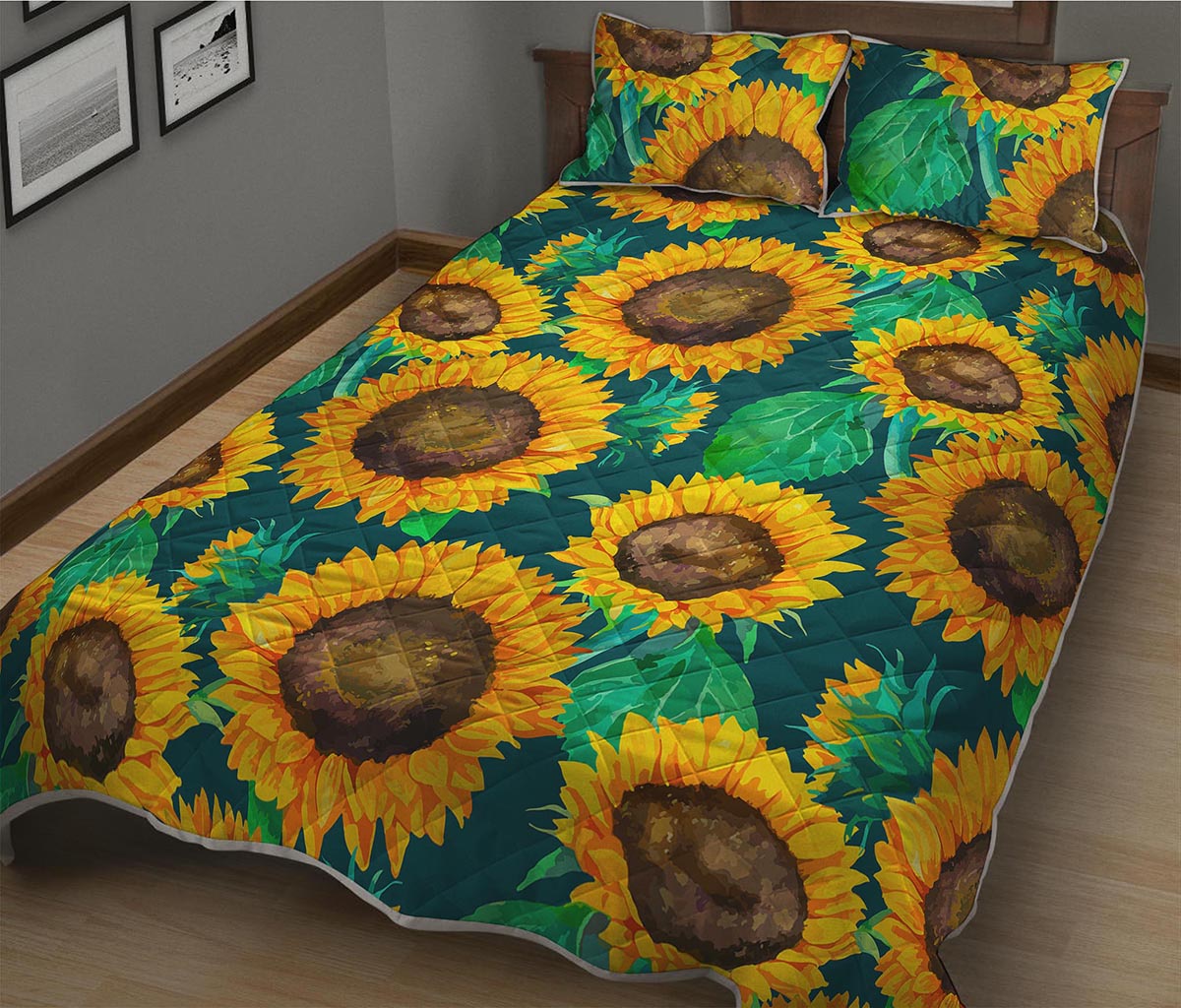 Green Watercolor Sunflower Pattern Print Quilt Bed Set