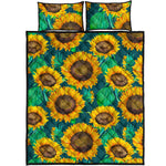 Green Watercolor Sunflower Pattern Print Quilt Bed Set