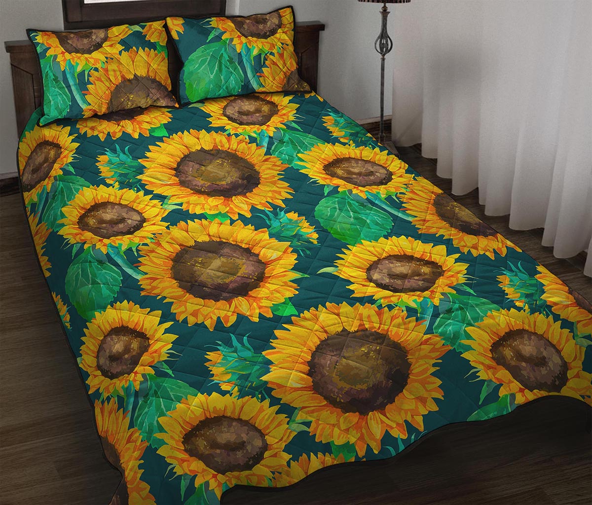 Green Watercolor Sunflower Pattern Print Quilt Bed Set