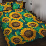 Green Watercolor Sunflower Pattern Print Quilt Bed Set