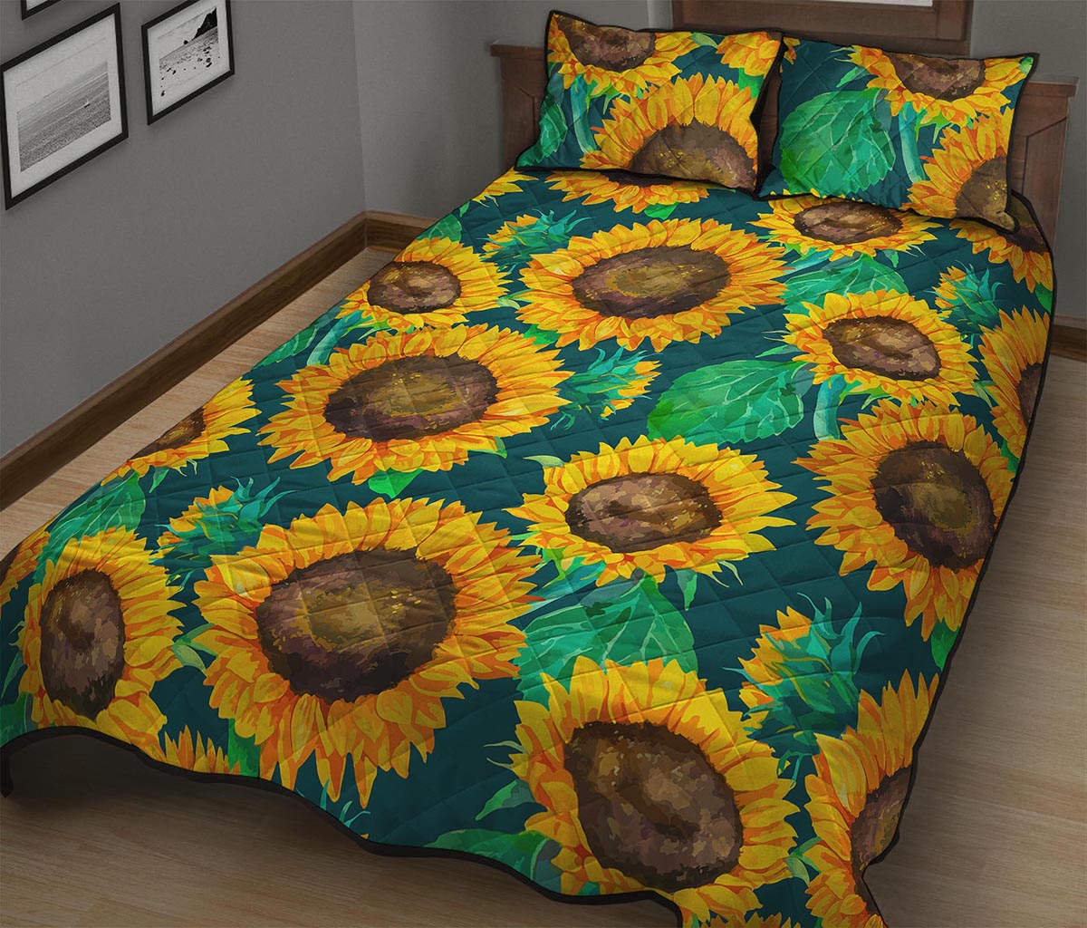 Green Watercolor Sunflower Pattern Print Quilt Bed Set
