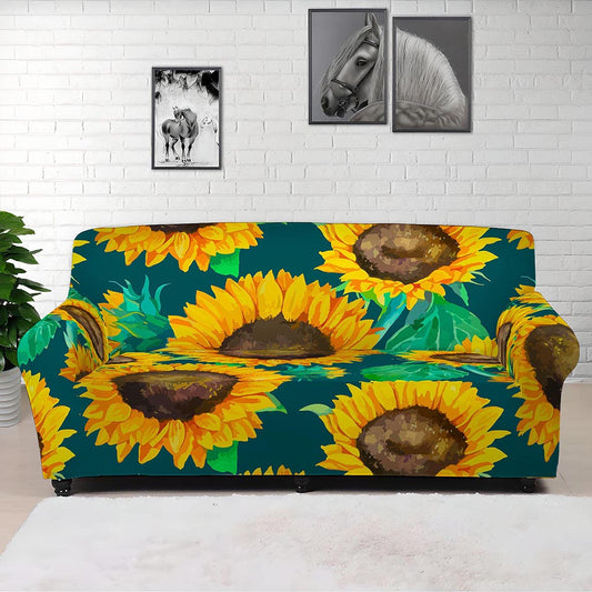 Green Watercolor Sunflower Pattern Print Sofa Cover