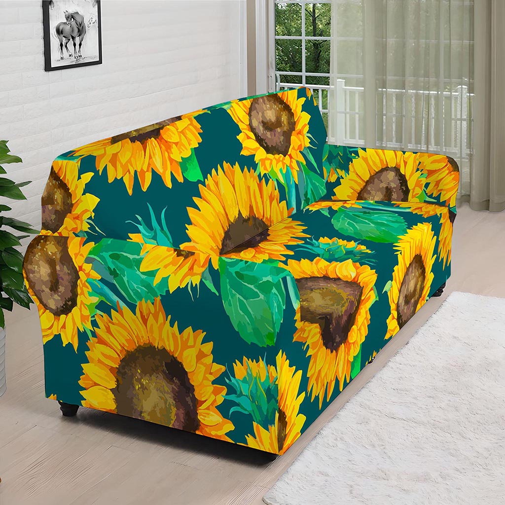 Green Watercolor Sunflower Pattern Print Sofa Cover