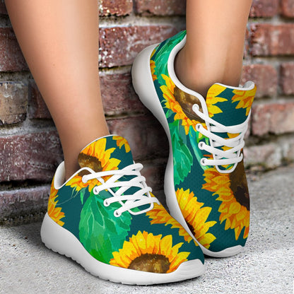 Green Watercolor Sunflower Pattern Print Sport Shoes GearFrost