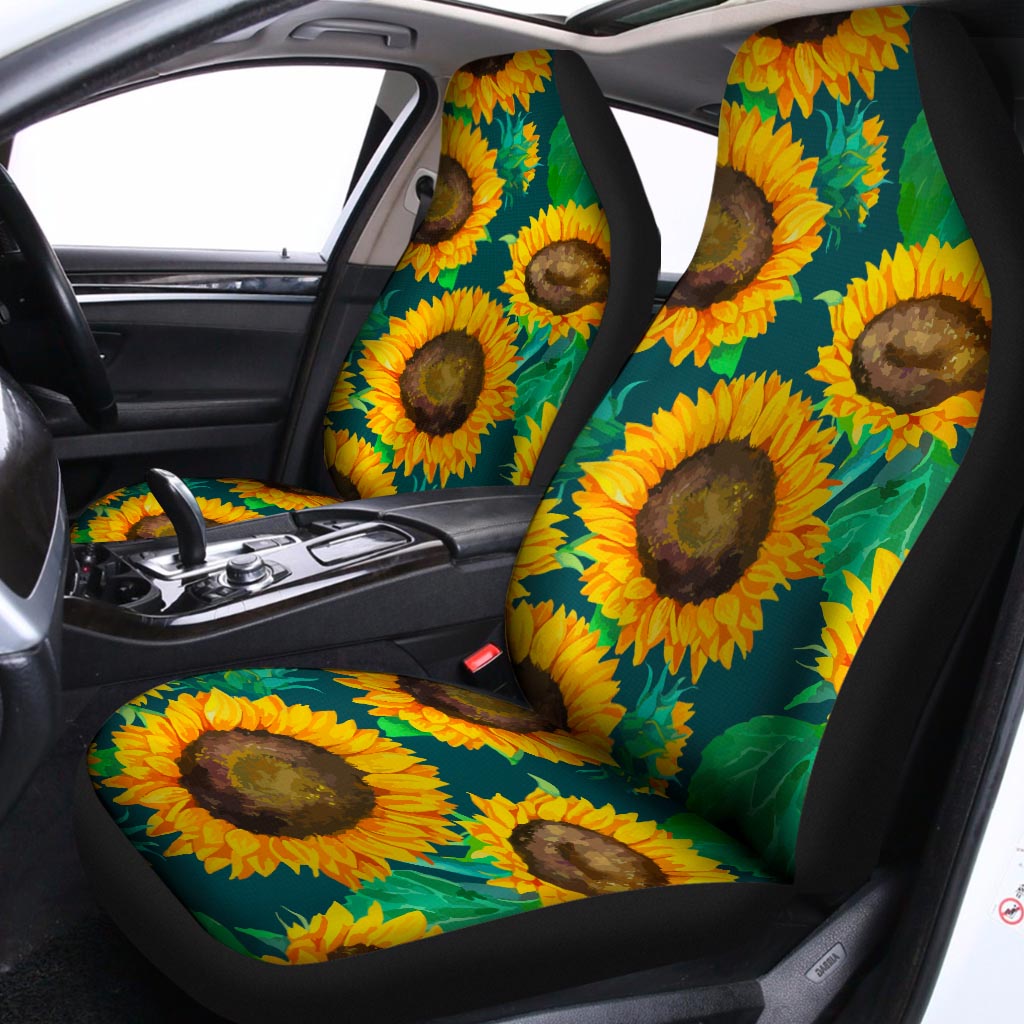 Green Watercolor Sunflower Pattern Print Universal Fit Car Seat Covers