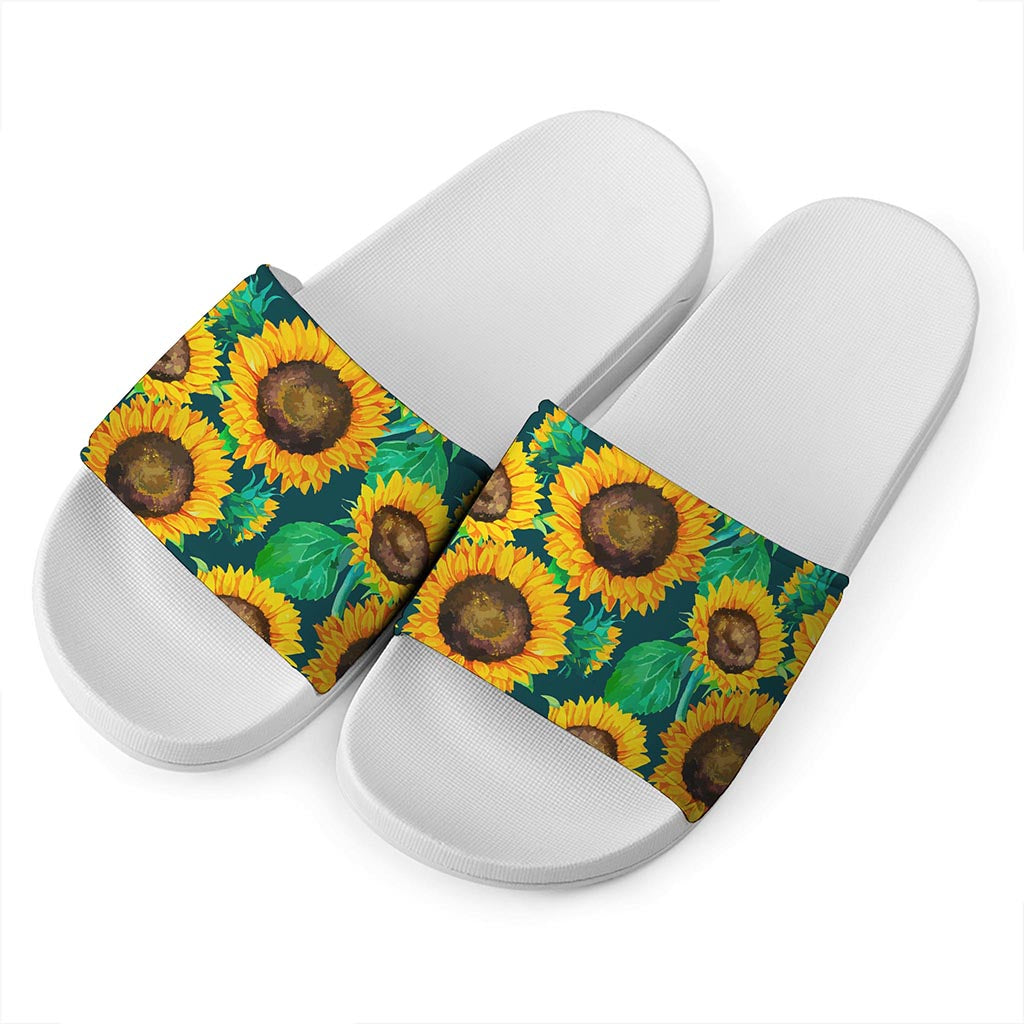 Green Watercolor Sunflower Pattern Print White Slide Sandals