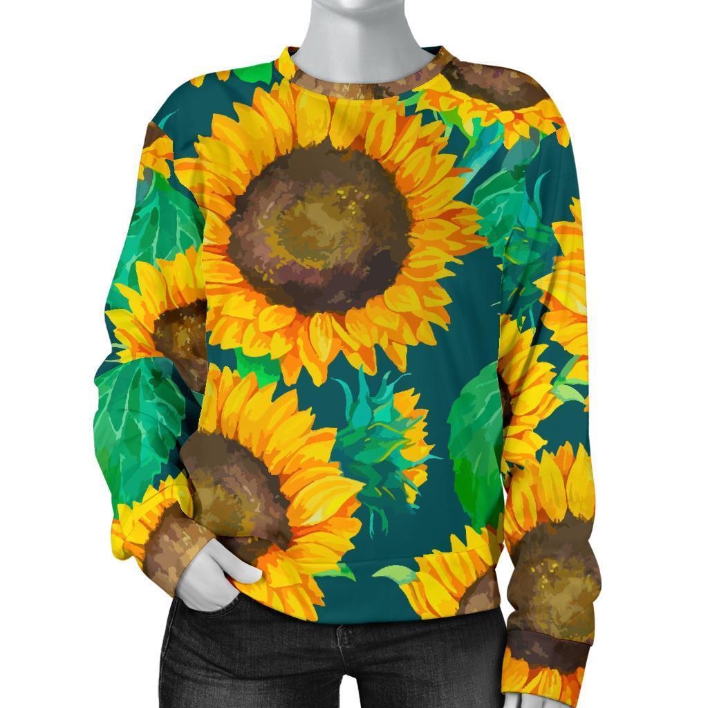 Green Watercolor Sunflower Pattern Print Women's Crewneck Sweatshirt GearFrost