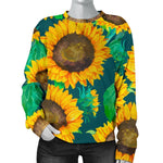 Green Watercolor Sunflower Pattern Print Women's Crewneck Sweatshirt GearFrost