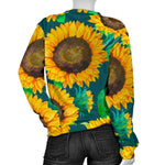 Green Watercolor Sunflower Pattern Print Women's Crewneck Sweatshirt GearFrost