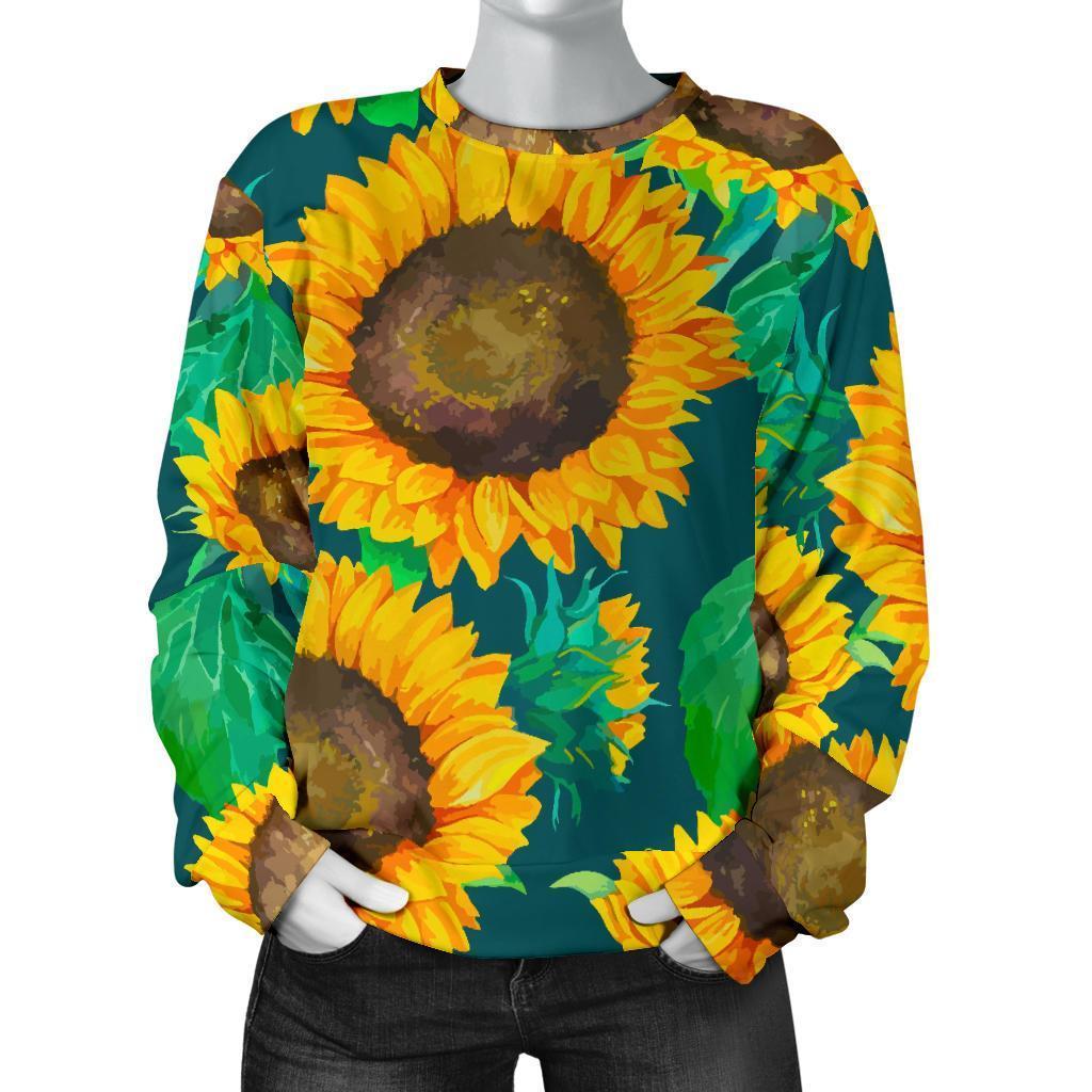 Green Watercolor Sunflower Pattern Print Women's Crewneck Sweatshirt GearFrost