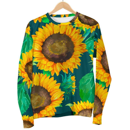 Green Watercolor Sunflower Pattern Print Women's Crewneck Sweatshirt GearFrost