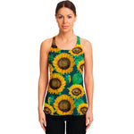 Green Watercolor Sunflower Pattern Print Women's Racerback Tank Top