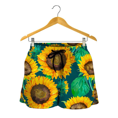 Green Watercolor Sunflower Pattern Print Women's Shorts