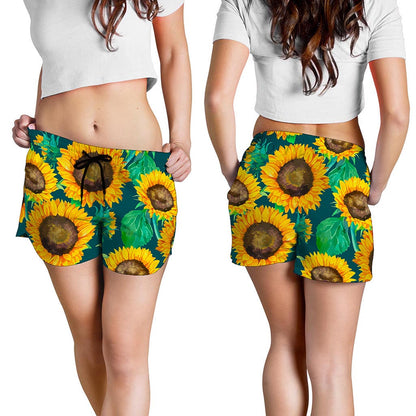 Green Watercolor Sunflower Pattern Print Women's Shorts