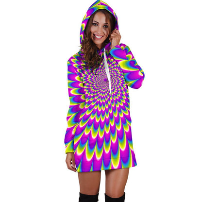Green Wave Moving Optical Illusion Hoodie Dress GearFrost