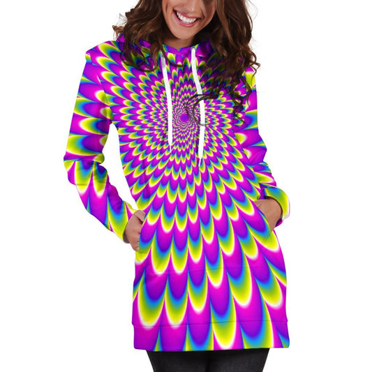 Green Wave Moving Optical Illusion Hoodie Dress GearFrost