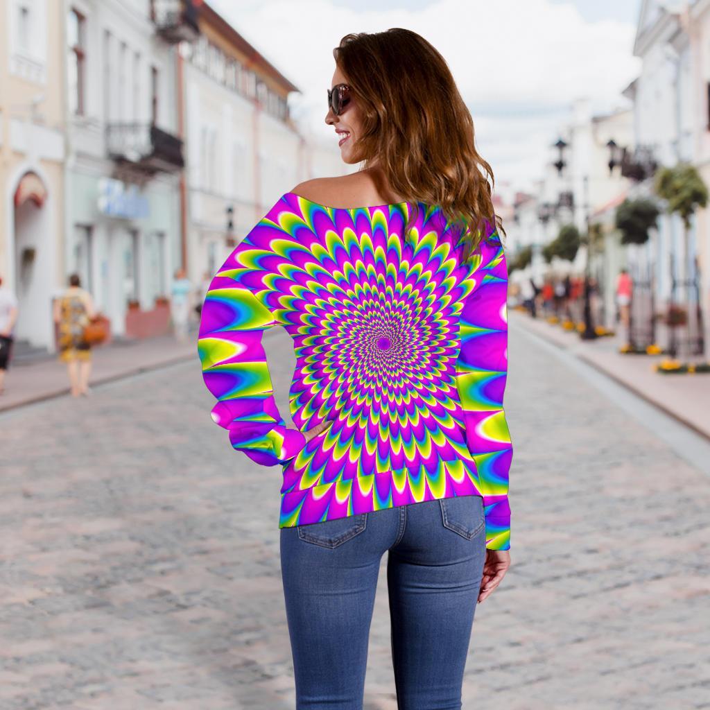 Green Wave Moving Optical Illusion Off Shoulder Sweatshirt GearFrost