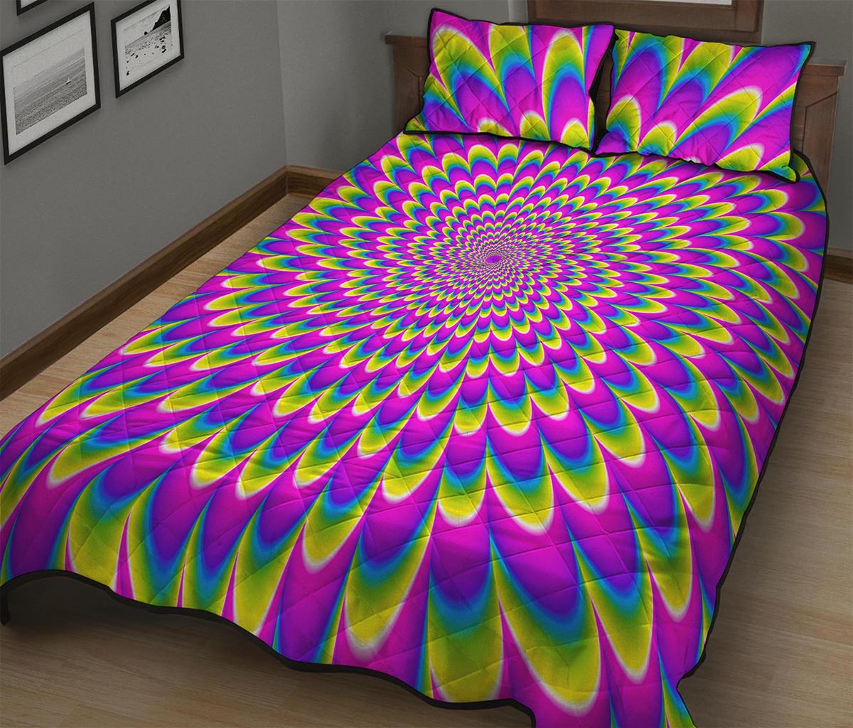 Green Wave Moving Optical Illusion Quilt Bed Set