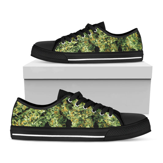 Green Weed Print Black Low Top Shoes