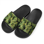 Green Weed Print Black Slide Sandals