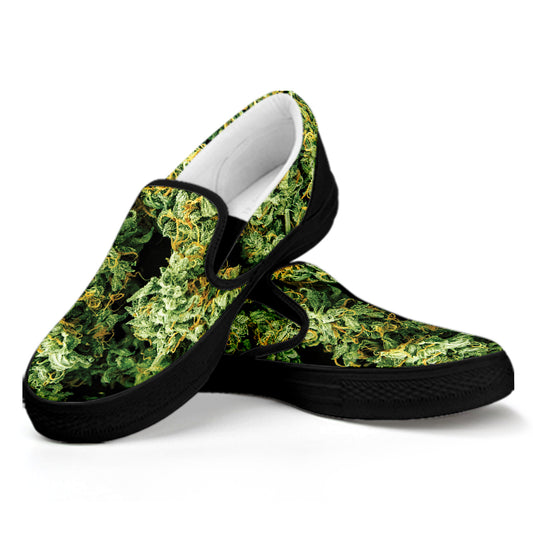 Green Weed Print Black Slip On Shoes