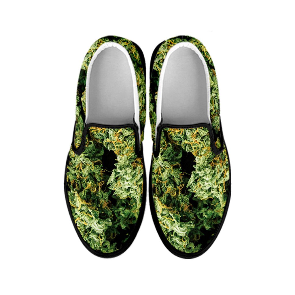 Green Weed Print Black Slip On Shoes
