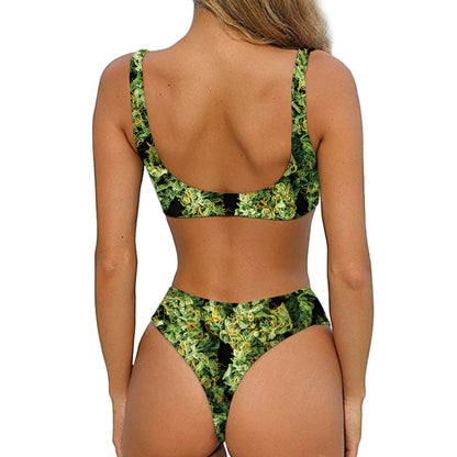 Green Weed Print Front Bow Tie Bikini