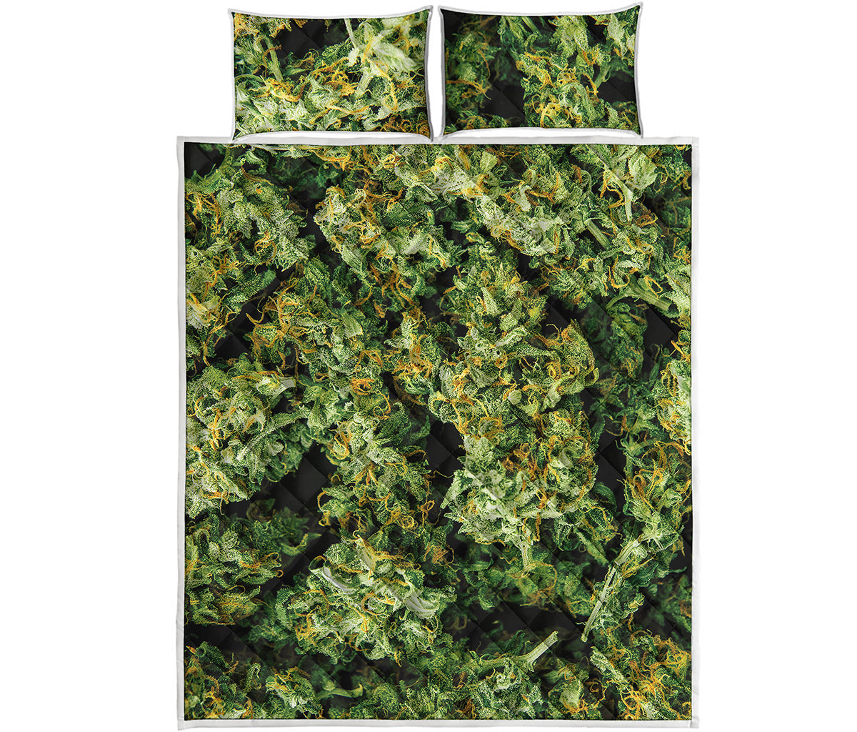 Green Weed Print Quilt Bed Set