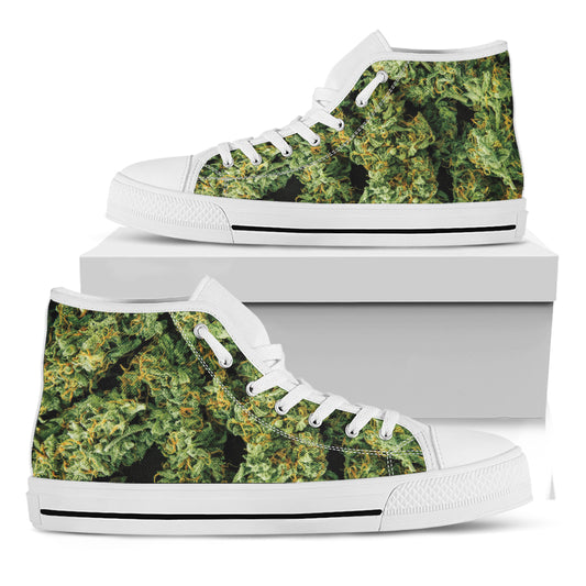 Green Weed Print White High Top Shoes