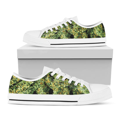 Green Weed Print White Low Top Shoes
