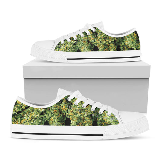 Green Weed Print White Low Top Shoes