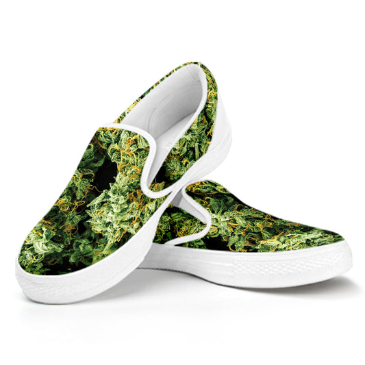 Green Weed Print White Slip On Shoes