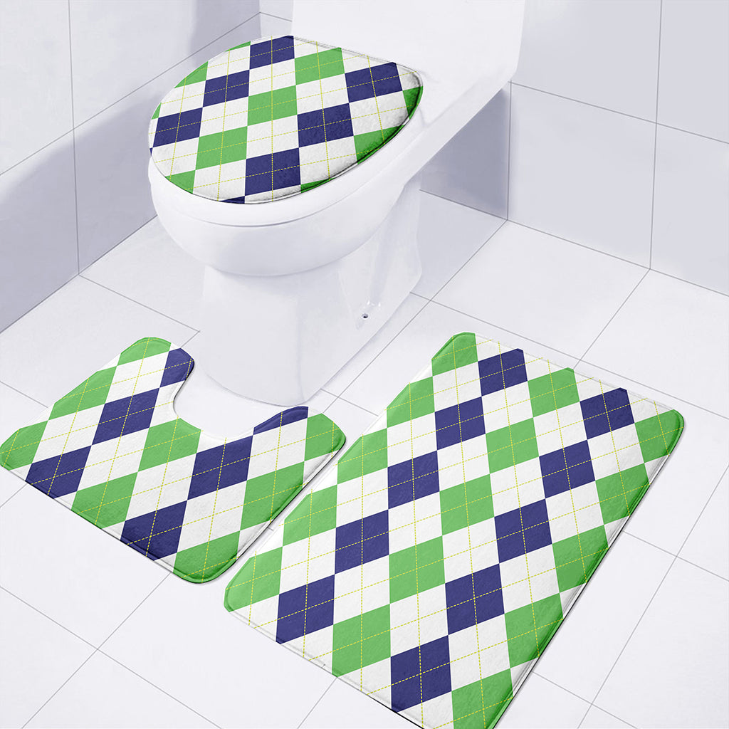 Green White And Navy Argyle Print 3 Piece Bath Mat Set