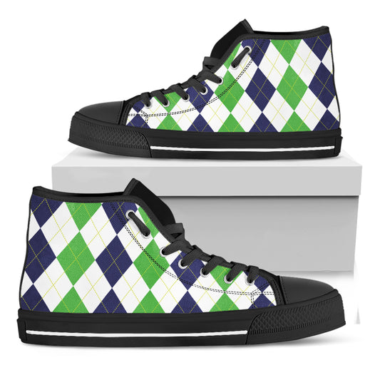 Green White And Navy Argyle Print Black High Top Shoes