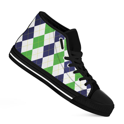 Green White And Navy Argyle Print Black High Top Shoes