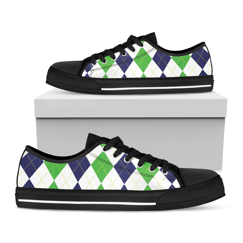 Green White And Navy Argyle Print Black Low Top Shoes
