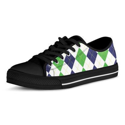 Green White And Navy Argyle Print Black Low Top Shoes